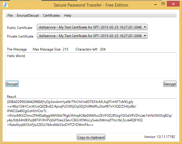 Screenshot Secure Password Transfer plain text to encrypted text